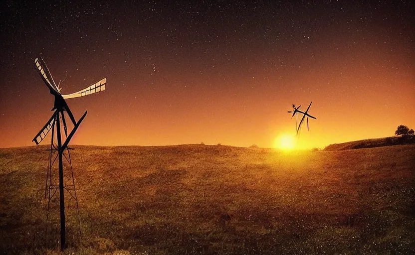 Image similar to “ sunset windmill with meteor shower in the background, cinematic, award winning ”