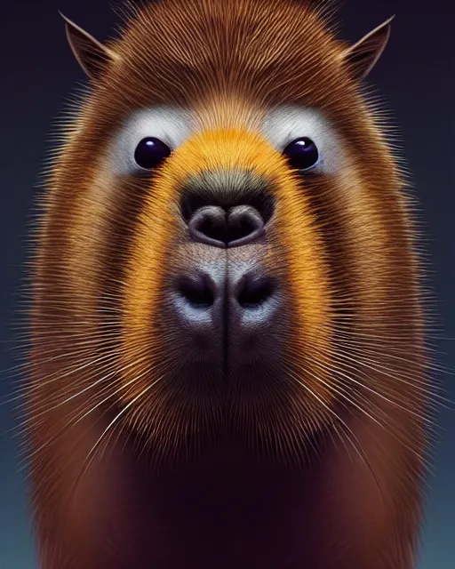 Image similar to vivid color portrait of funny giant cute eyes capybara, intricate abstract. intricate artwork, by tooth wu, wlop, beeple, dan mumford. concept art, octane render, trending on artstation, greg rutkowski very coherent symmetrical artwork. cinematic, key art, hyper realism, high detail, octane render, 8 k, iridescent accents