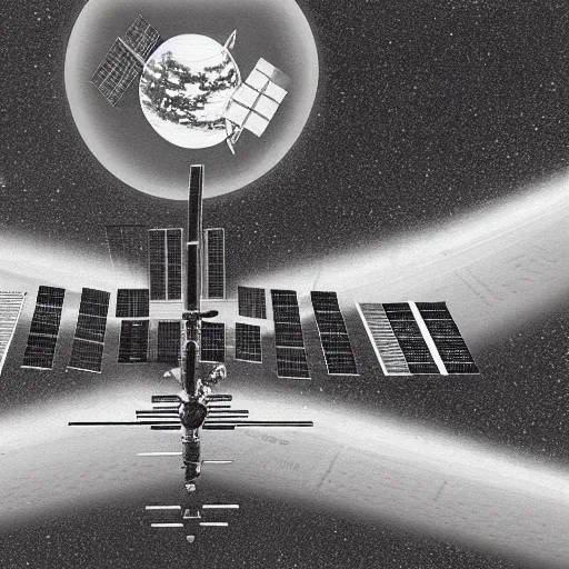 Image similar to a highly detailed graphite sketch of the international space station, with the sun reflecting off of it's windows, various refining methods