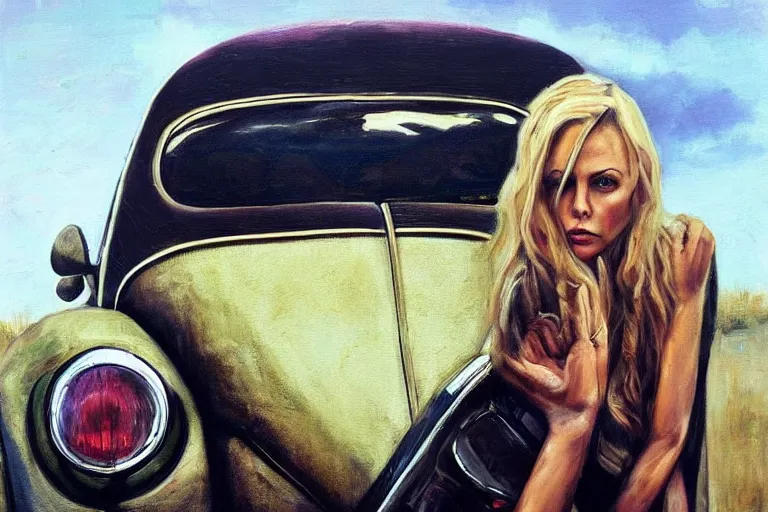 Prompt: beautiful r charlize theron with long blonde hair locks holds over its head on its two hands old volkswagen beetle, oil on canvas, naturalism