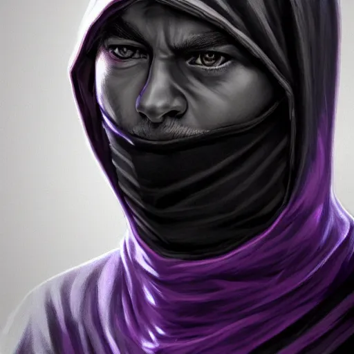 Image similar to ultra realistic illustration, man in a black hood, in a striped purple balaclava, mysterious, highly detailed, digital painting, artstation, concept art, smooth, sharp focus, illustration