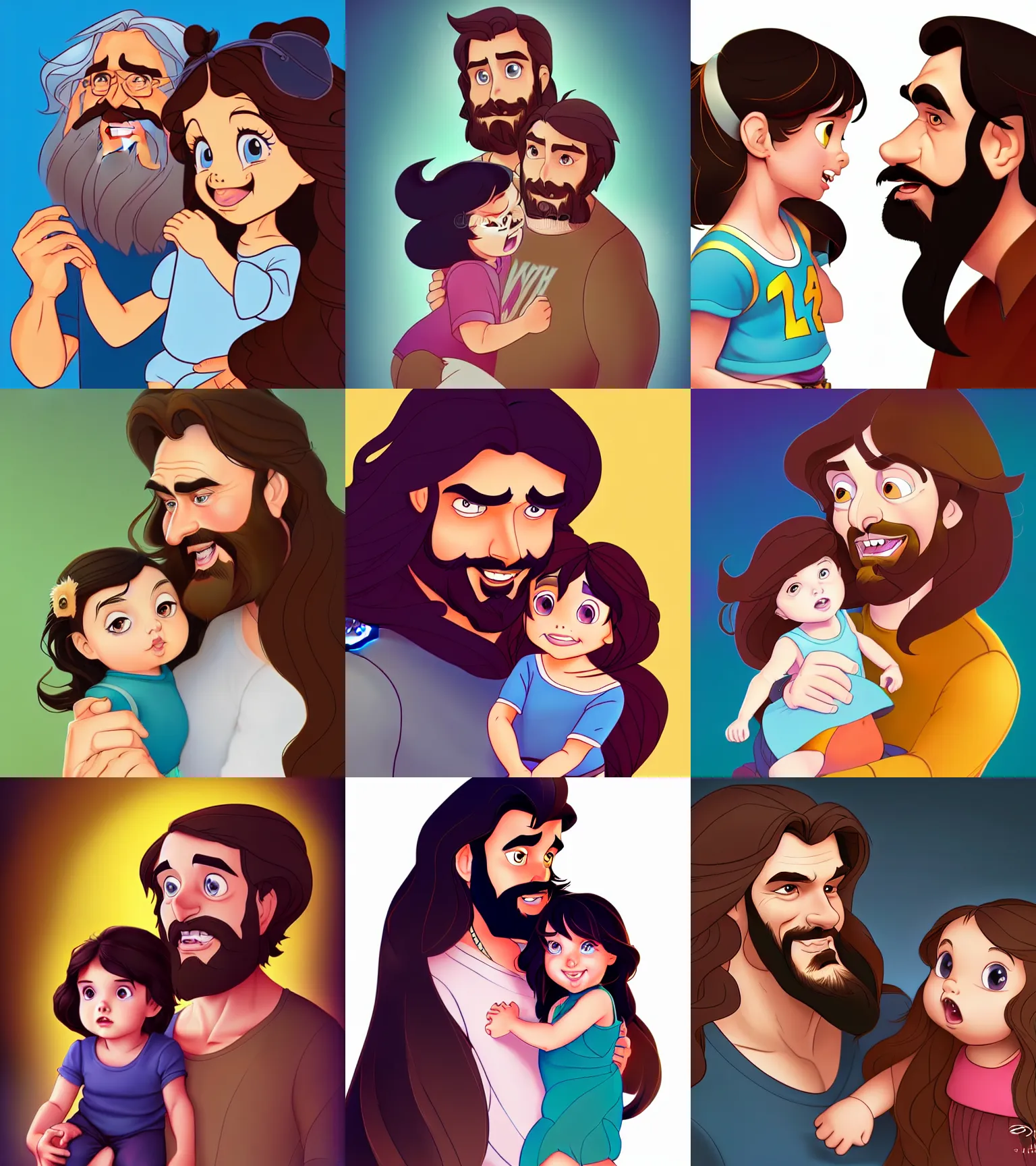 Image similar to a long - haired bearded father and his brunette child toddler girl full color digital illustration in the style of don bluth, artgerm, artstation trending, 4 k