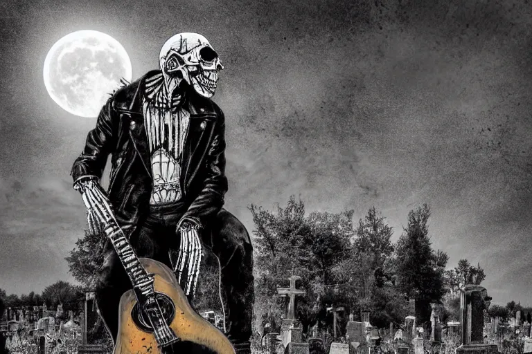 Prompt: mikhail gorshenev as a skeleton in a leather jacket playing electric guitar in a cemetery, rock concert, dark night, full moon, crows on the oak tree, highly detailed digital art, photorealistic, black and white