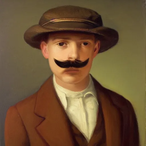 Image similar to portrait of a british young man in a flat cap, a small mustache, and a nice brown suit, oil painting