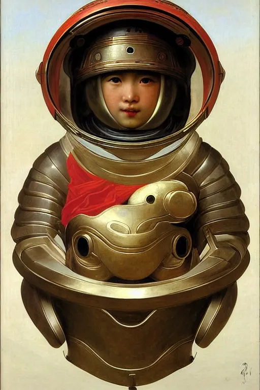 Prompt: portrait of a astronaut is a chinese dragon in armor and helmet, majestic, solemn, luminous accessories, by bouguereau