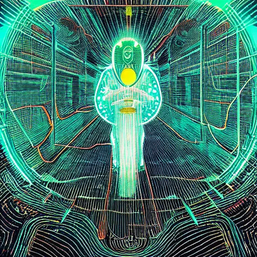 Image similar to 2 d neon teal circuit board background fused with an unknown deity with shards of light emitting outwards, black fine lines on teal, stanley donwood, victo ngai