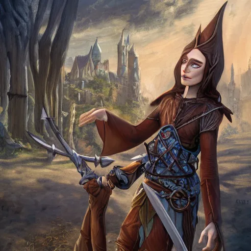 Prompt: Androgynous wood elf, leather tunic, bone nose ring, holding bone dagger. Exterior city scene, middle ages, evening sunlight. Professional oil painting, high fantasy, detailed, 8k