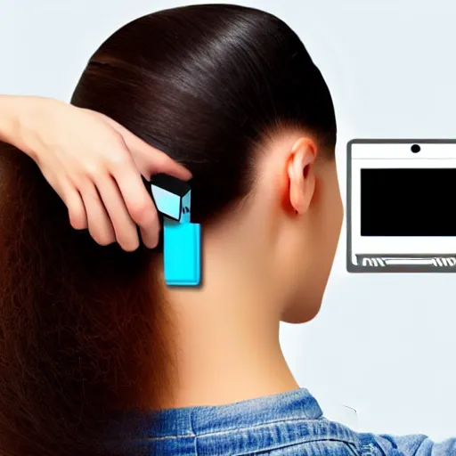 Image similar to usb cable plugged in, back of head, woman, computer, hair clip