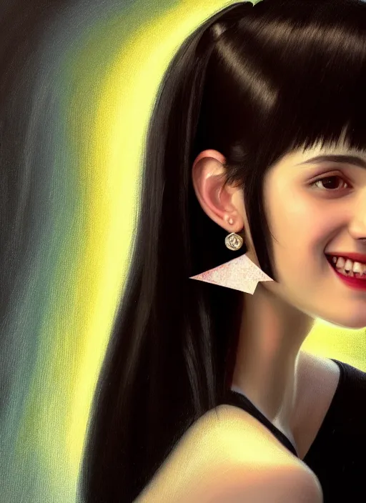 Image similar to fully body portrait of high school girl, realistic, black hair, bangs, half updo hairstyle, pointy nose, skinny, smile, ugly, defined jawline, big chin, hair bow, earrings, intricate, elegant, glowing lights, highly detailed, digital painting, artstation, sharp focus, illustration, art by wlop, mars ravelo and greg rutkowski