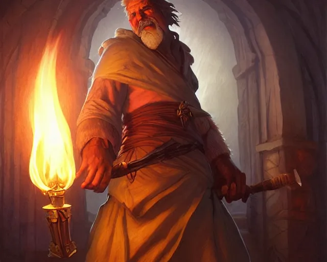 Image similar to a large grimey innkeeper from final fantasy, holding a torch, deep focus, d & d, fantasy, intricate, elegant, highly detailed, digital painting, artstation, concept art, matte, sharp focus, illustration, hearthstone, art by artgerm and greg rutkowski and alphonse mucha