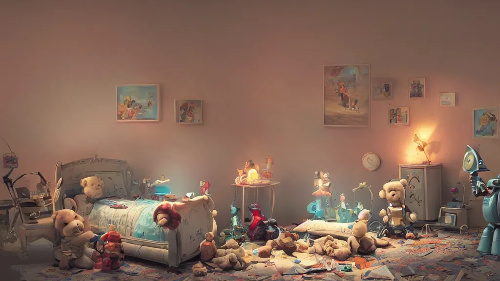 Image similar to a Photorealistic hyperrealistic Low angle view render of a vintage wind up toy robot on the floor of an interior of a beautifully decorated spoiled child's beautiful bedroom with a giant teddy bear sitting on the bed by PIXAR,Greg Rutkowski,WLOP,Artgerm,dramatic moody sunset lighting,long shadows,Volumetric, cinematic atmosphere, Octane Render,Artstation,8k