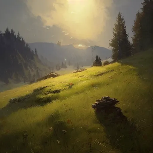 Image similar to summer meadow, hills, landscape, concept art, style of Greg Rutkowski,