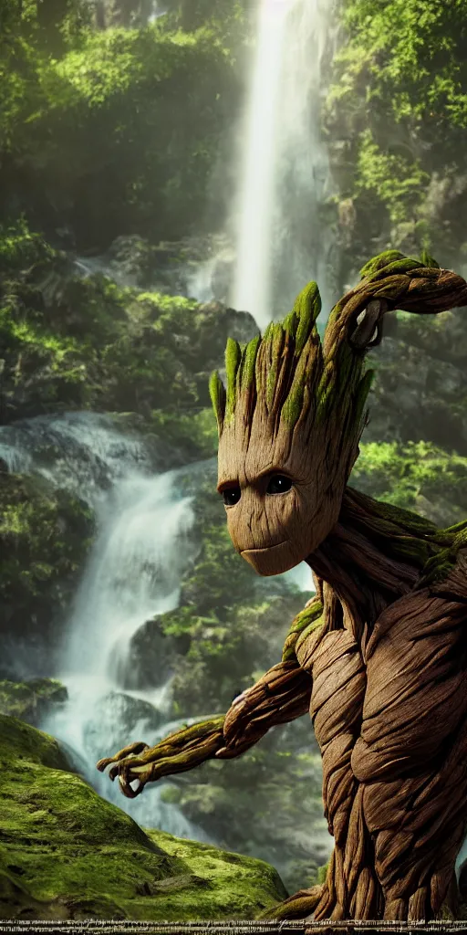 Image similar to photorealistic wide shot portrait of Groot, under waterfall, octane render, unreal engine 4k, volumetric light, fog, detailed