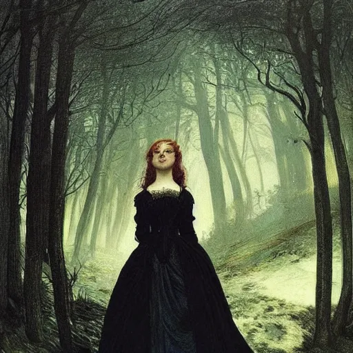 Prompt: A beautiful victorian woman, gothic dress, flowing hair, oil painting, portrait, magical forest, night, glow, dramatic lighting, dramatic light, masterpiece, high detail, amazing composition, detailed, painted by Caspar David Friedrich