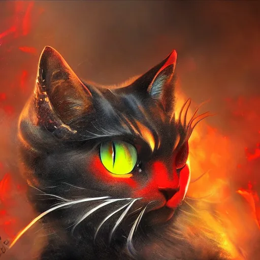 Image similar to fantasy devil cat with red eyes and smoke, high detail, digital art, beautiful , concept art,fantasy art, 4k