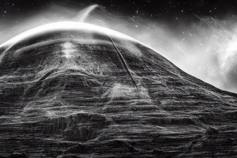 Prompt: alien space ship invading earth in the style of ansel adams, black and white, old, master photography