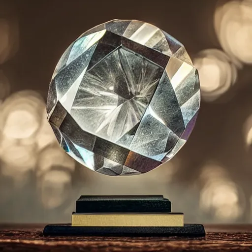 Image similar to award winning photo of a crystal sitting on beautiful wood, volumetric lighting