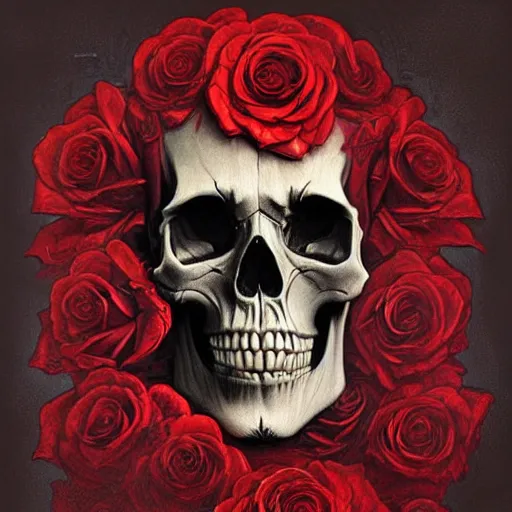 Image similar to skull made of red roses, organic horror, devil, death, giger, epic, baroque, extremely detailed and intricate, artstation, digital painting, alphonse mucha, artgerm, greg rutkowski, cgsociety