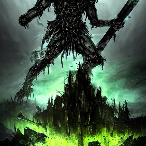 Image similar to 3D model of a (creepy sentinel king) wielding the (mythical) (blade) of the ruined king, (abandoned) (ruins), terror, digital art, destruction, the (void,) ominous vibes, green crown glowing, fear, very detailed, evil, smoke, trending on artstation, intricate details, high definition, 16k, Artstation, by John Wallin Libert