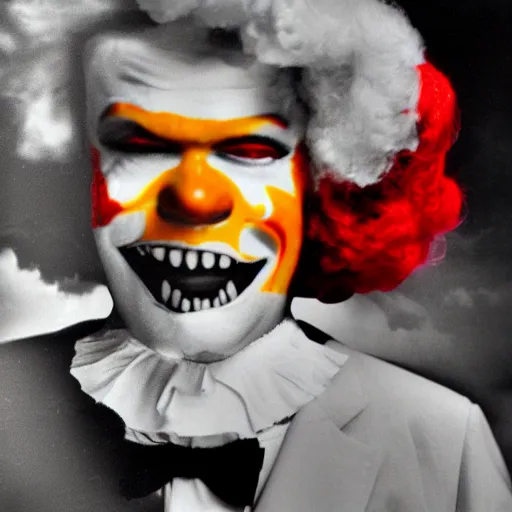 Prompt: amazing picture of ronald mcdonald taken on a pinhole camera makes him look completely terrifying