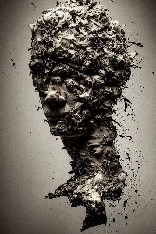 Prompt: a dark high quality studio portrait of an exploding human head made from antique newspaper, intricate, morbid, dark cinematic lighting, surreal photography, style by ashley wood