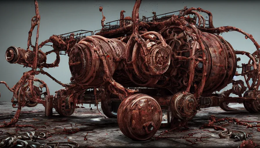 Prompt: Techno-biological rusty modern double cannon tank consisting of tumors, meat, veins, bones, guts, kidneys, wires. Biopunk, body-horror, high detail, photorealism, full length view, very rust, concept art, octane render, 16k, 8k