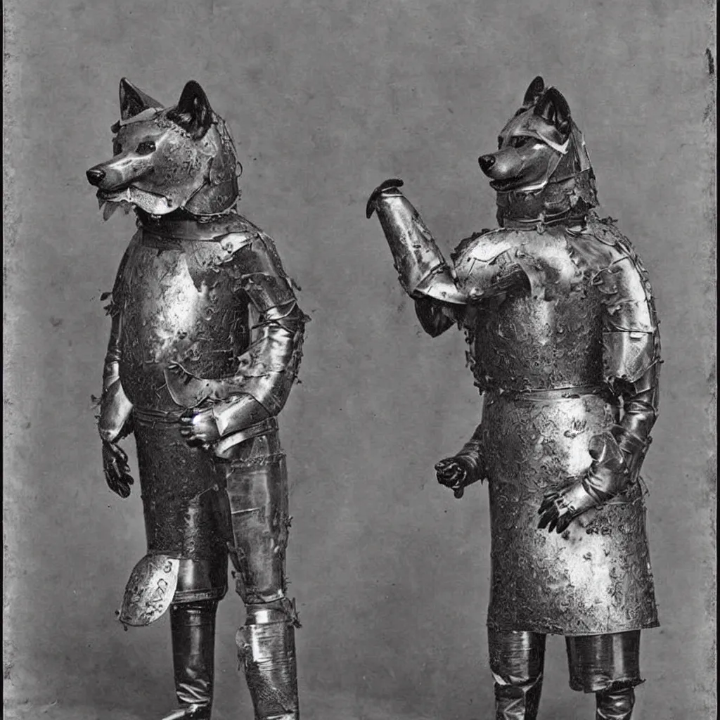 Image similar to anthropomorphic furry wolf in suit of armor of unknown origin, 1900s photograph