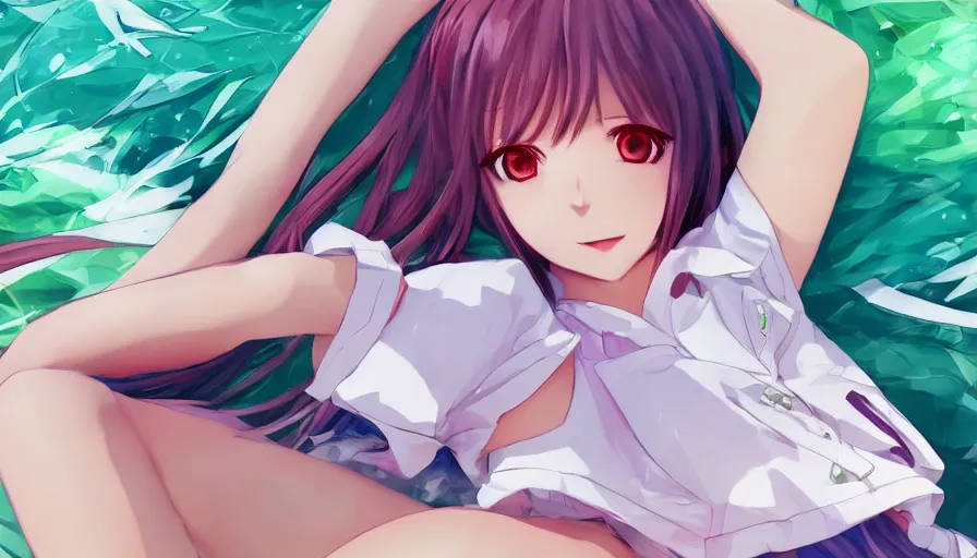 Prompt: cute anime character lying down, colorful outfit, realistic face, detailed face, detailed eyes, short miniskirt, lightly dressed, ultra detailed digital art, hyper real, detailed, ultra detailed, ground up angle, full body shot, wide angle