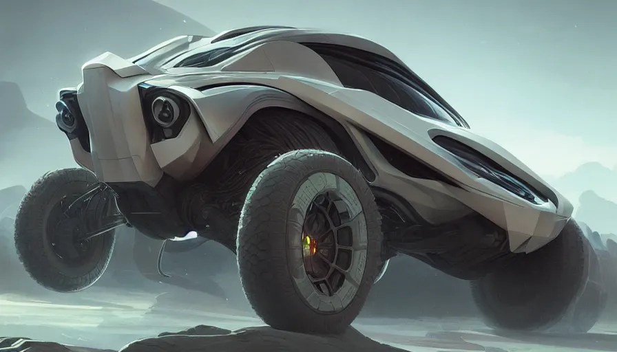 Image similar to a futuristic offroad suv by artgerm and greg rutkowski and alphonse mucha, zaha hadid, an epic fantasy, volumetric light, detailed, trending on art station, octane render, midsommar