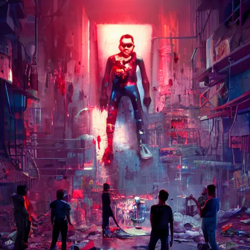 Image similar to a group of people standing around a giant bloody wounded mickey mouse, cyberpunk art by david lachapelle, cgsociety, sots art, dystopian art, reimagined by industrial light and magic, dark concept art