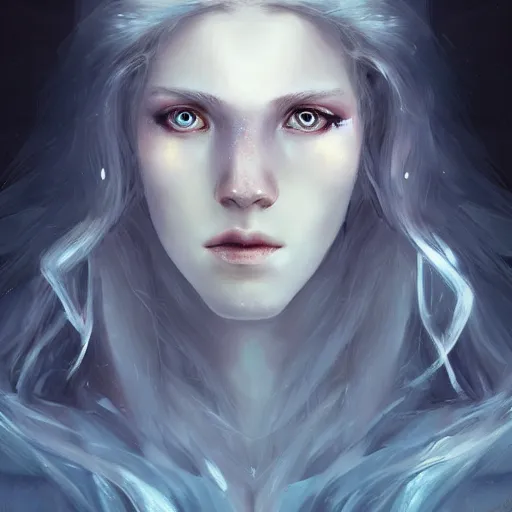 Prompt: a portrait of a ice queen with long dark curly red hair, stoic, pale skin, alone, white eyes, dramatic, epic painting, painting by wlop, nixeu and sakimichan, semirealism, artstation, octane render, sharpness, 8 k, golden ratio