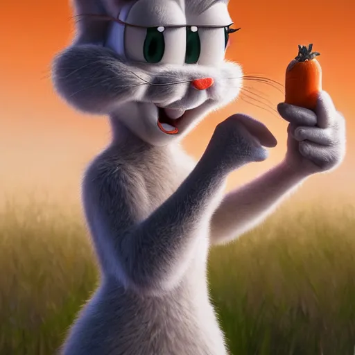 Image similar to cinematic view of bugs bunny from cartoons eating a carrot digital painting, artstation, concept art, soft light, hdri, smooth, sharp focus, illustration, fantasy, intricate, elegant, highly detailed, D&D, matte painting, in the style of Greg Rutkowski and Alphonse Mucha and artemisia, 8k, highly detailed, jurgens, rutkowski, bouguereau, pastoral, rustic, georgic