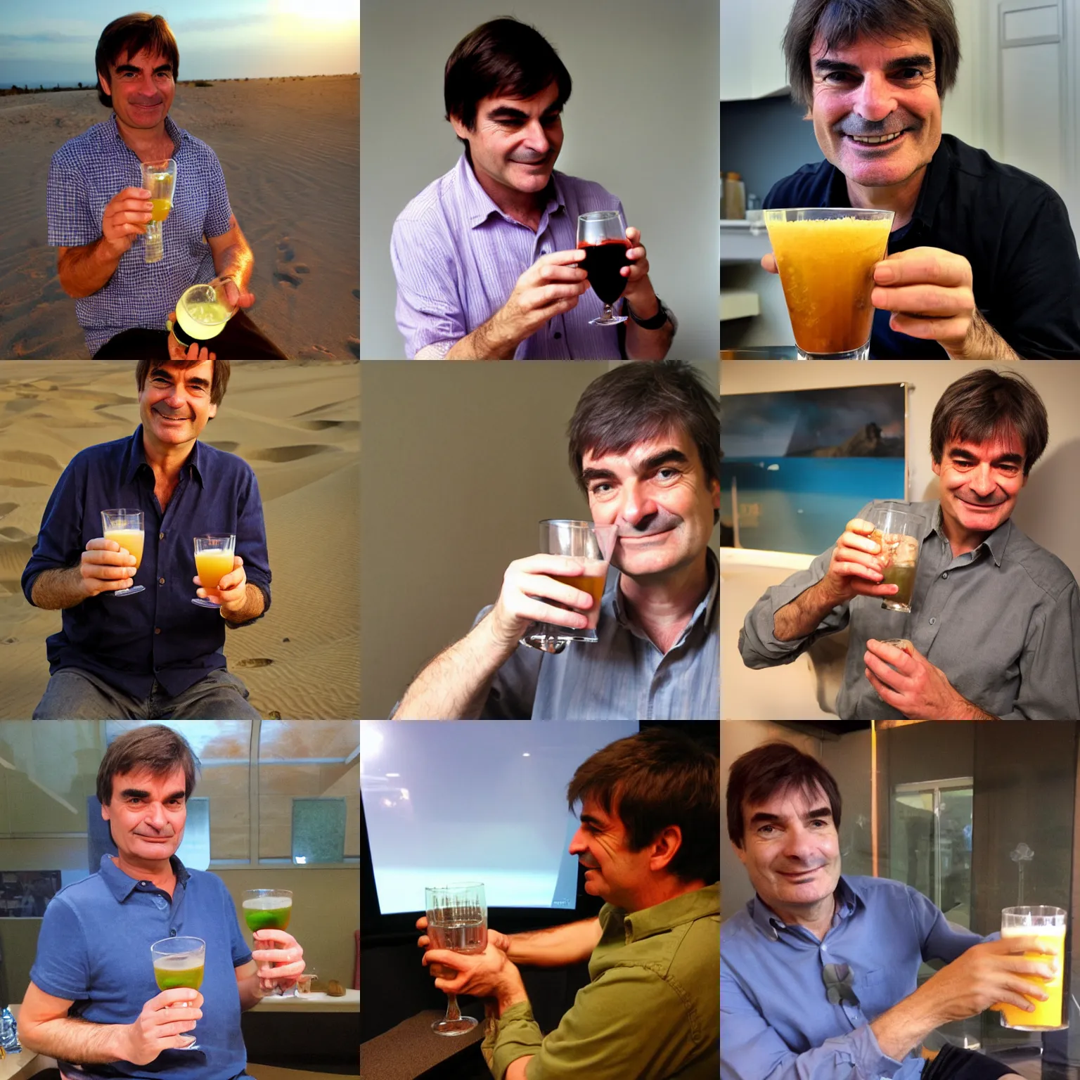 Prompt: David Braben drinking a glass of sand.