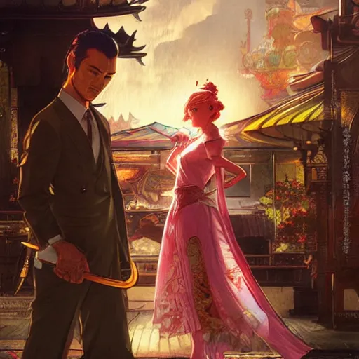 Image similar to link and princess peach in a scene from yakuza, artstation, concept art, smooth, sharp focus, illustration, art by and greg rutkowski and alphonse mucha