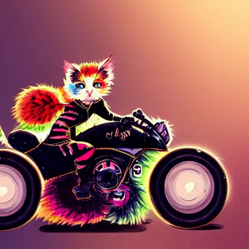 Image similar to wide angle full body, jacket wearing fluffy cute rainbow kitten wearing a black leather motorcycle jacket, riding on a motorcycle, cinematic concept art