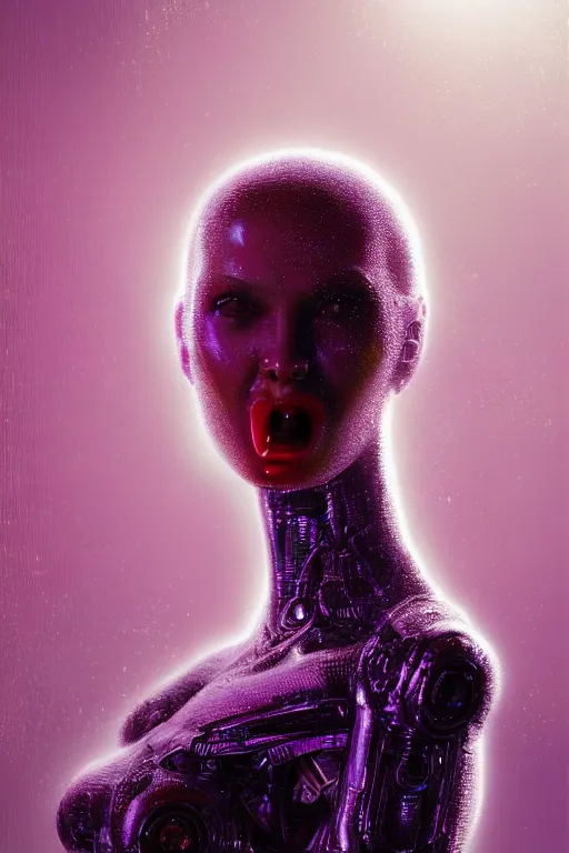 Prompt: attractive female i robot sticking tongue out sensually and sweating, close - up portrait, intricate, elegant, purple volumetric lighting, scenery, digital painting, highly detailed, artstation, sharp focus, illustration, concept art, luis rollo, ruan jia, steve mccurry, john berkey