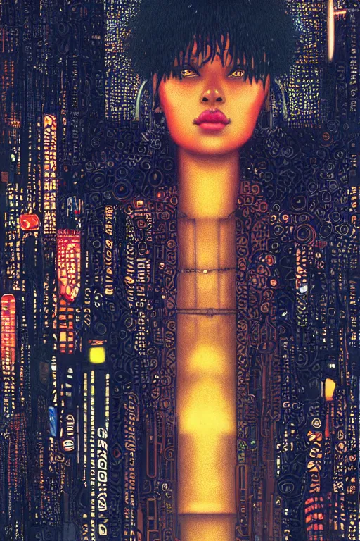 Image similar to a beautiful young Black woman, cyberpunk, Blade Runner city background, highly detailed, artstation, illustration, art by Gustav Klimt