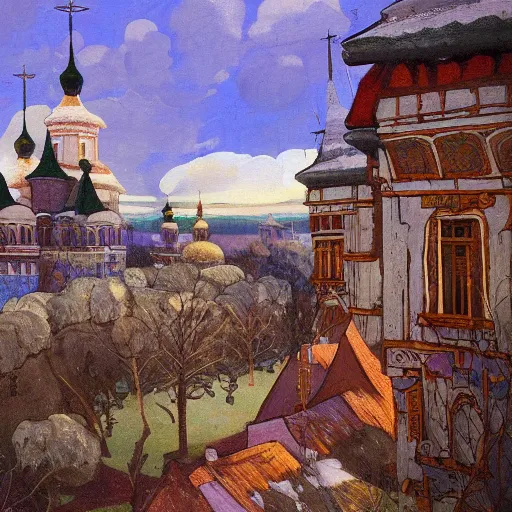 Prompt: photo beautiful magical ancient Slavic Russian city of Kitezh, fisheye lens, painting by Viktor Vasnetsov, painting by Nicholas Roerich, concept art, magical city, fantasy cityscape, ancient Slavs, wooden buildings, ancient Russian architecture, terem, hyperborea, top cinematic lighting , cinematic mood, very detailed, 8k, high resolution, trending on artstation, artstationHD,