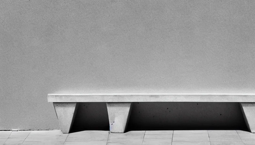 Prompt: a concrete bench sitting in front of a building, a raytraced image by David Chipperfield, unsplash, brutalism, constructivism, dynamic composition, high dynamic range