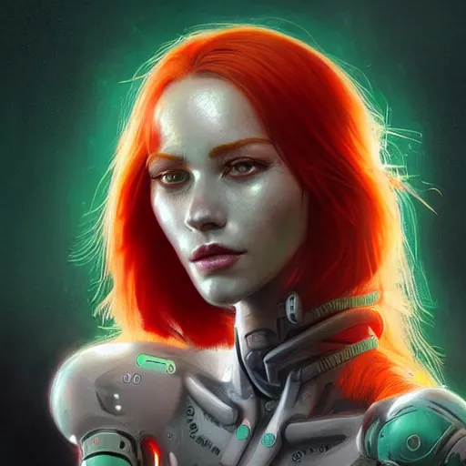 Prompt: a portrait of a beautiful cyborg girl, red hair, glowing green eyes, urban motifs, intricate, elegant, highly detailed, digital painting, trending on artstation, concept art, smooth sharp focus, illustration, art by artgerm and greg rutkowski