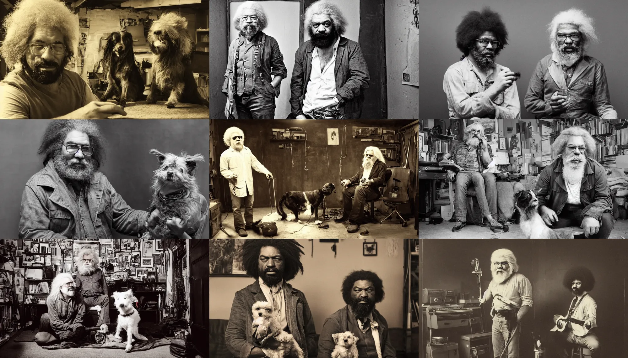 Prompt: a photograph of a man who looks sort of like Jerry Garcia and sort of like Frederick Douglass, with his hyperactive little dog, in his basement studio, trending on artstation, hyperrealism