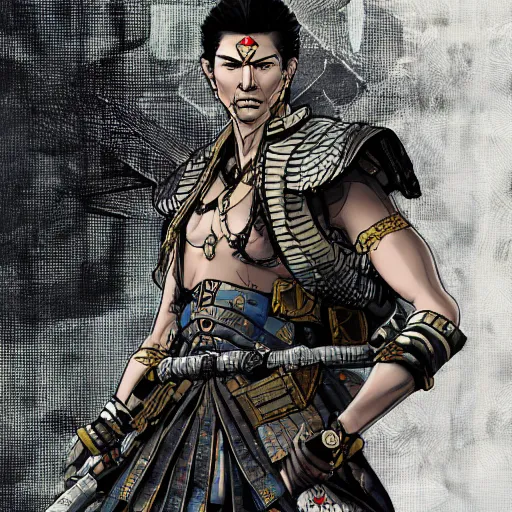 Image similar to 8K detailed illustration of an army general from the an ancient civilization indonesia in the style of Yoji Shinkawa, high resolution