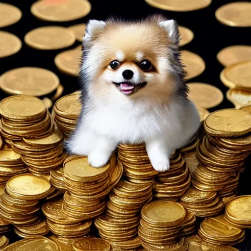 Image similar to A pomeranian wearing a top-hat, sitting on top of a large pile of gold coins