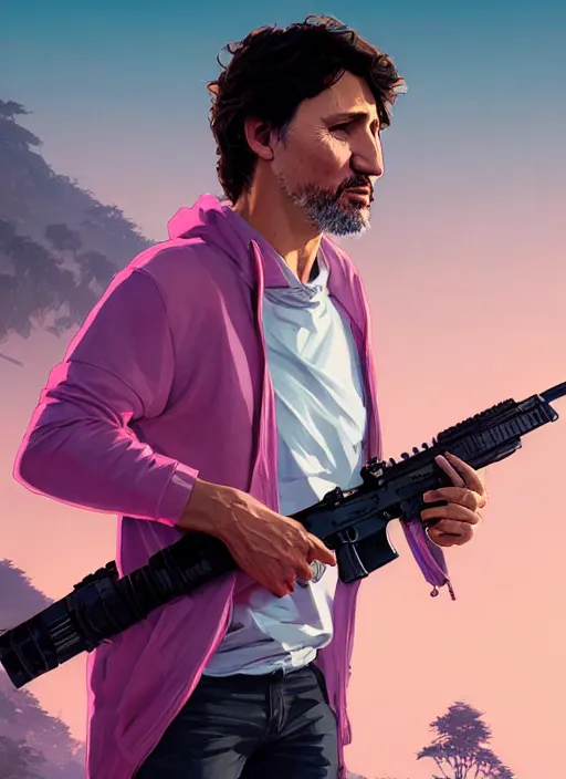 Image similar to highly detailed portrait justin trudeau in ( ( pink hoody ) ) holding ar - 1 5! ( setting costa rica ) in gta v stephen bliss unreal engine fantasy art by greg rutkowski loish rhads ferdinand knab makoto shinkai lois van baarle ilya kuvshinov rossdraws tom bagshaw global illumination radiant light detailed intricate environment