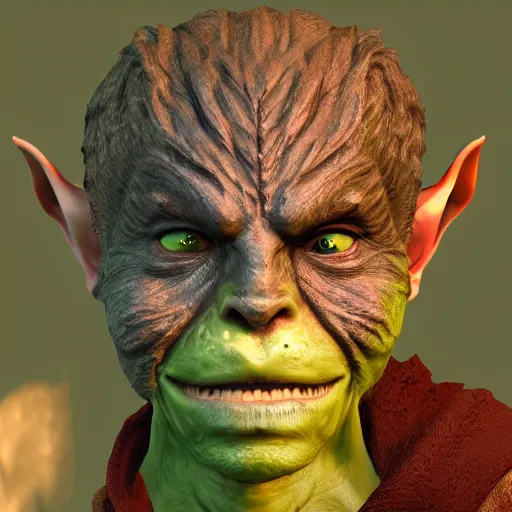 Prompt: medium portrait of a handsome goblin, green skin, ffxiv, final fantasy 1 4 screenshot, octane render, 8 k, fantasy, rule of thirds, sharp focus