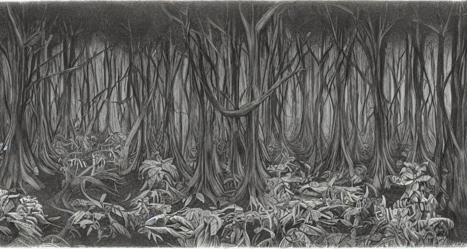 Image similar to A dense and dark enchanted forest with a swamp, by Charles Addams