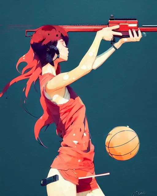 Prompt: a ultradetailed beautiful panting of a womanshooting a free throw, by conrad roset, greg rutkowski and makoto shinkai, trending on artstation