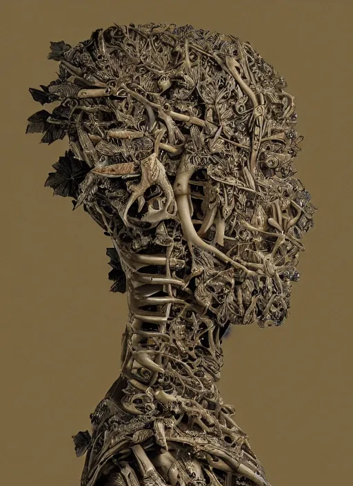 Prompt: a female android's face in profile, made of leaf skeletons, in the style of the Dutch masters and Gregory Crewdson, dark and moody intricate traditional Chinese textures, rococo decorations, hyper detail