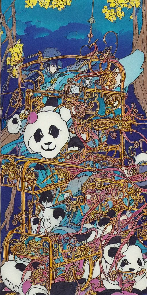 Prompt: a mystical chariot drawn by pandas in japan, 1990s anime, full color, tarot card the chariot,