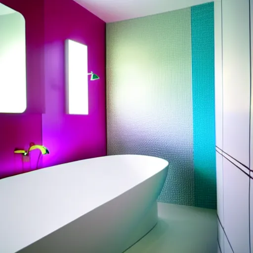 Prompt: a large bathroom, colorful, bright, designed by zaha hadid